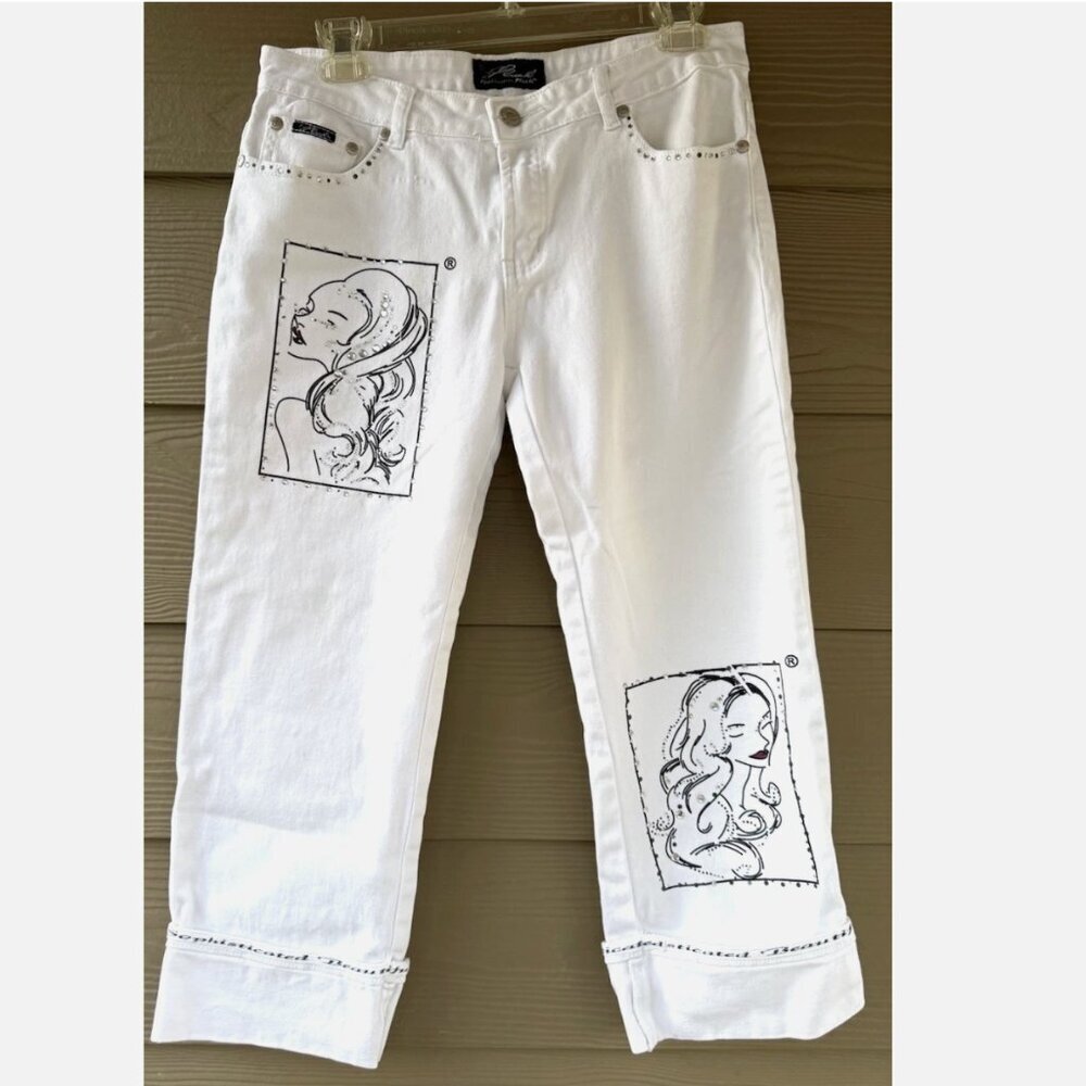 Platinum Plush Women's White Rhinestone Design Cuffed Straight Leg Jeans Sz M /9
